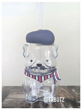 Sculpted Frenchie Glass Tumbler with Straw, Silicone Baret and Scarf 🧣